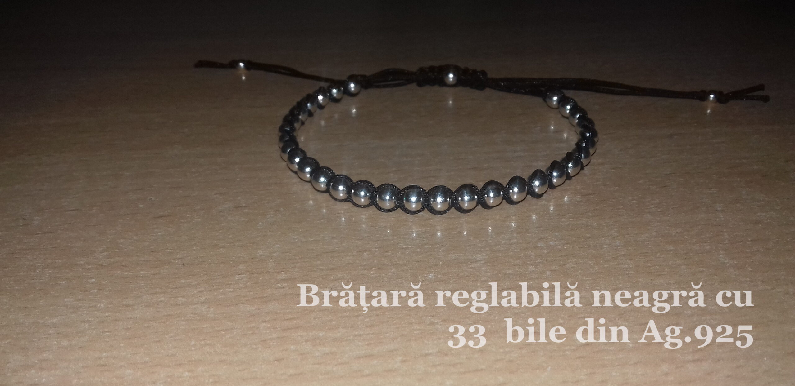 Brățară reglabilă neagră 33 bile din Ag.925 de 4 m